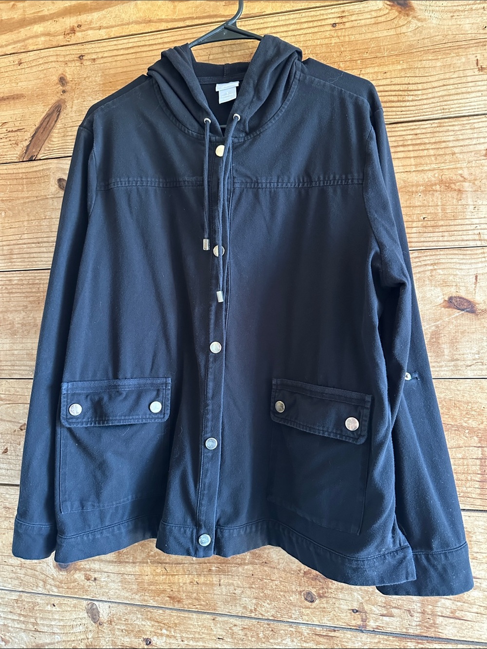 Chicos Zenergy Black Hooded Snap-Front Jacket